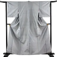 紬 身丈161cm 裄丈63cm S 袷 縦縞 灰色 正絹 優品 【中古】のサムネイル