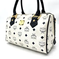 【良品】MCM エムシーエム ヴィセトス 総柄 ハンドバッグ ミニボストン オールレザー 革 ゴールド金具 ユニセックス 男女兼用 ホワイト 白色のサムネイル