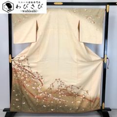 訪問着 美しい花模様 刺繍 七宝 桜 流水 金彩 東京白茶色 K-5797 