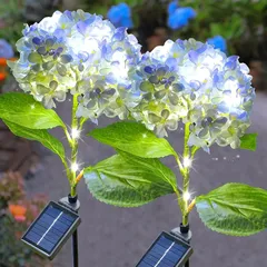 ガーデンライト ソーラーライト 紫陽花 2個セット 暖色 屋外 ガーデニング IP65防水 埋め込みソーラー ロマンチック雰囲気 8つ点灯モード 自動点灯 消灯 省エネ クリスマス 飾り 庭/歩道/駐車場/に適用(青い紫陽花2本) 0のサムネイル