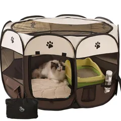 ペットサークル 折りたたみ式 屋根付き 多機能ポケット付き 給水器付き 犬 猫 室内 屋外兼用 小型犬 中型犬 大型犬 防災 避難 持ち運び便利 メッシュ ケージ ゲージ サークル お出かけ ドライブ用 災害対策 ブラウン S 0のサムネイル