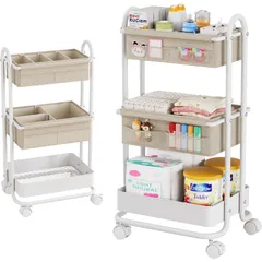 KALORCARE おむつストッカー ベビー用品 収納ワゴン 3段 キャスター付き 出産準備 赤ちゃん用品 おむつバッグ 整理整頓 取り外し可能な仕切り付き 移動便利 多機能 ベビーベッド用 大容量 ナーサリー収納 (ブラック) 1のサムネイル