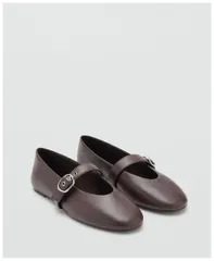 マンゴ レディース シューズ パンプス レザー MANGO Womens Buckle Strap Leather Ballerina Chocolate チョコレートのサムネイル
