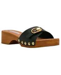 スティーブ マデン レディース シューズ スリッポン・ローファー サンダル Steve Madden Womens Fredi Wooden SlipOn Slide Sandals Black Leのサムネイル