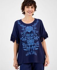 ジェイエムコレクション レディース アウター ニット・セーター 刺繍 フリンジ JM Collection Womens Embroidered FringeTrim Poncho Top Intre