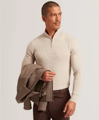 テッドベーカー メンズ アウター ニット・セーター ハーフジップ Ted Baker Mens Jeremee T Stitchalf Zip Long Sleeve Sweater Naturalのサムネイル