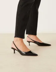 マンゴ レディース シューズ ヒール レザー フェイクレザー Mango faux leather pointed low heeled slingback shoes Black ブラックのサムネイル