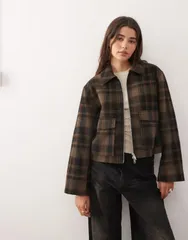 モンキ レディース アウター コート ウール ジャケット Monki short collared jacket with wool check Brown Check ブラウンのサムネイル