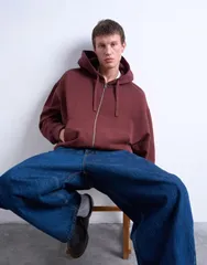 トップマン メンズ アウター パーカー・スウェット オーバーサイズフィット パーカー Topman heavyweight oversized fit zip up hoodie BROWN ブラウンのサムネイル
