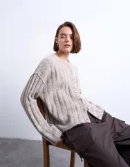 トップショップ レディース アウター カーディガン リブ ニット Topshop knit wider ribbed cardigan in oat Oatのサムネイル
