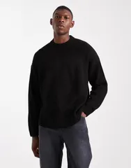 エイソス メンズ アウター ニット・セーター リブニット セーター ニット ASOS DESIGN oversized boxy fit rib knit fisherman sweater Blacのサムネイル