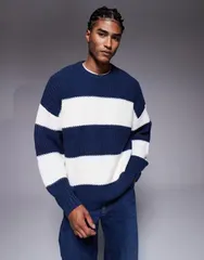 エイソス メンズ アウター ニット・セーター クルーネック ASOS DESIGN oversized knit crew neck sweater and ecru stripecrunavy エクのサムネイル