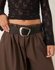 エイソス レディース アクセサリー ベルト ASOS DESIGN lowaist wide belt with abstract square silver buckle Black ブラックのサムネイル