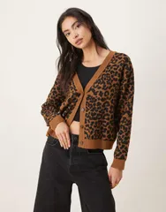 マンゴ レディース アウター カーディガン Vネック プリント Mango v neck cardigan in leopard print BROWN ブラウンのサムネイル