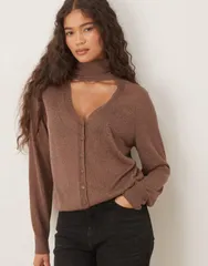 マンゴ レディース アウター カーディガン ニット Mango fine knit cardigan with neck tie BROWN ブラウンのサムネイル