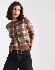 エイソス レディース アウター カーディガン ASOS DESIGN neat fit check cardigan in chocolate Chocolate チョコレートのサムネイル