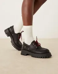 エイソス レディース シューズ デッキシューズ レース ASOS DESIGN Monsoon chunky laceup boat shoes Black ブラックのサムネイル