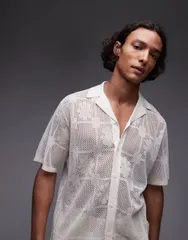 トップマン メンズ トップス ポロシャツ フラワー柄 シャツ フラワー Topman camp collar floral crochet shirt in ecru ECRU エクリュのサムネイル