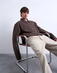 トップマン メンズ アウター パーカー・スウェット ポロシャツ スウェット シャツ Topman boxy fit waffle polo sweatshirt BROWN ブラウンのサムネイル