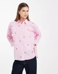 オンリー レディース トップス シャツ ONLY heart embroidery shirt in light pink stripes Lilac sachet ライラック