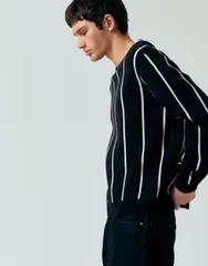 エイソス メンズ アウター ニット・セーター ASOS DESIGN oversized knit striped sweater NAVY ネイビーのサムネイル