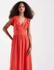 ヴェロモーダ レディース トップス ワンピース フリル ミディ Vero Moda Easy Joy ruffle shoulder plunge front midi dress in coral