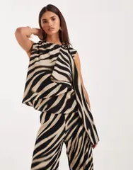 マンゴ レディース トップス シャツ シフォン プリント ブラウス Mango Glaciar chiffon short sleeve blouse with scarf detail in zebのサムネイル
