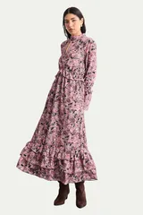 ウエアハウス レディース トップス ワンピース シフォン ハイネック ミディ Warehouse Chiffon Shirred High Neck Midi Dress Chocolate チョコレのサムネイル