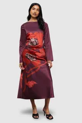 ウエアハウス レディース トップス ワンピース フラワー柄 プリント ミディ サテン レース フラワー Warehouse Floral Placement Print Satin Midi Dresのサムネイル
