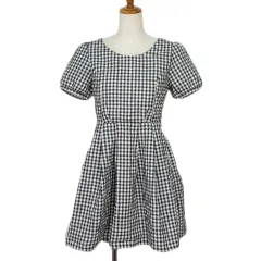 ミスティウーマン mysty woman ワンピース フレア ギンガムチェック リボン ギャザー シボ加工 半袖 M 黒 ブラックのサムネイル