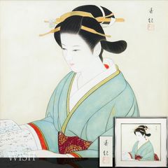 伊東深水 『 手鏡 』 共シール 額装 日本画 美人画 8号 【模写】BJ213