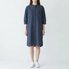 正規品 LACOSTE ラコステ リネン風 ストライプ バンドカラー シャツ ONE PIECE ネイビー (38)