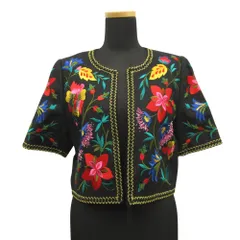 美品 YVES SAINT LAURENT イヴサンローラン 90's ジャガード フラワー リネン ジャケット 花柄 半袖 ヴィンテージ 9 黒 ブラック レディース 古着 中古 USEDのサムネイル