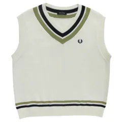 美品 FRED PERRY フレッドペリー セーター ベスト ノースリーブ ニット Vネック コットンブレンド チルデン FZ3246 M 白 紺 緑 メンズ 古着 中古 USEDのサムネイル