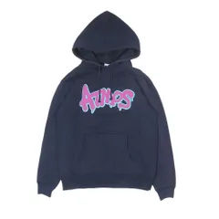 美品 atmos アトモス スウェット パーカー ロゴ プリント プルオーバー トレーナー フーディ L ネイビー 紺 メンズ 古着 中古 USEDのサムネイル