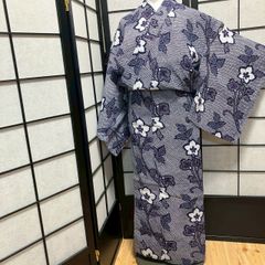 浴衣 紺 大きな花柄 椿 本染 綿 着物 リメイク レトロ 注染 藍染