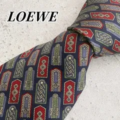 【極美品 良デザイン】 ロエベ LOEWE ネクタイ ネイビー レッド グリーン 総柄 肩章 エポレット モチーフ 幾何学 パターン柄 織柄 シルク100% 高級 ハイブランド ビジネス フォーマル スーツ メンズ 紳士服 結婚式 スペイン製 ヴィンテージのサムネイル