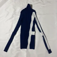 【231128】EMPORIO ARMANI エンポリオアルマーニ  長袖ニット　セーター　リブ　ストレッチ　ハイネック　ビスコース・ポリ混　レディース　36  ・ ブルー/ホワイトのサムネイル