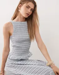 エイソス レディース トップス タンクトップ ASOS DESIGN shirred tank top check part of a set Blue Check ブルーのサムネイル