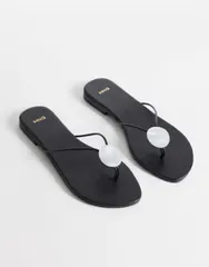 マンゴ レディース シューズ サンダル レザー Mango 100 leather flat sandals with pearl detail Black ブラックのサムネイル
