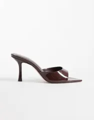 マンゴ レディース シューズ サンダル レザー ヒール Mango faux patent leather heeled mules in chocolate チョコレートのサムネイル