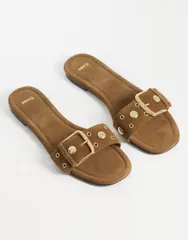 マンゴ レディース シューズ サンダル スエード レザー Mango 100 suede leather buckle detail flat slides in tan Sand サンドのサムネイル