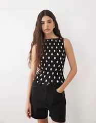 エイソス レディース トップス タンクトップ ドット柄 ドット ASOS DESIGN shirred tank topolka dot Black Polka Dot ブラックのサムネイル