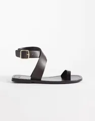 マンゴ レディース シューズ サンダル レザー Mango 100 leather flat sandals with toe detail in chocolate チョコレートのサムネイル