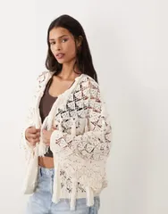エイソス レディース アウター カーディガン フリンジ ASOS DESIGN premium crochet stitch fringed cardigan in cream クリームのサムネイル