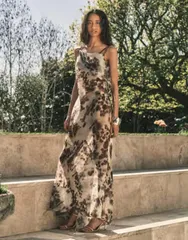 トップショップ レディース トップス ワンピース プリント マキシ Topshop folded bust organza maxi dress in blurred abstract print Aのサムネイル