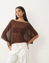 エイソス レディース トップス シャツ ケープデザイン メッシュ シアー キャップ ケープ ASOS DESIGN mesheer cape top in chocolate チョコレートのサムネイル