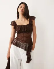 エイソス レディース トップス シャツ アシンメトリー フリル 刺繍 ASOS DESIGN embroidered ruffle asymmetric top in chocolate チョコレートのサムネイル