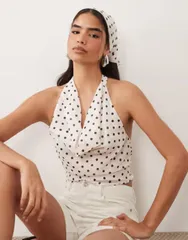 エイソス レディース トップス シャツ ドット柄 ドット ホルター ASOS DESIGN halterneck tie back top with bandana in polka dot Polkのサムネイル