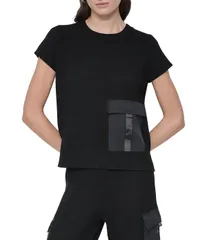 ダナキャラン レディース トップス Tシャツ クルーネック サテン DKNY by Donna Karan Mixed Media Satin Cargo Pocket Crew Neck Shortのサムネイル